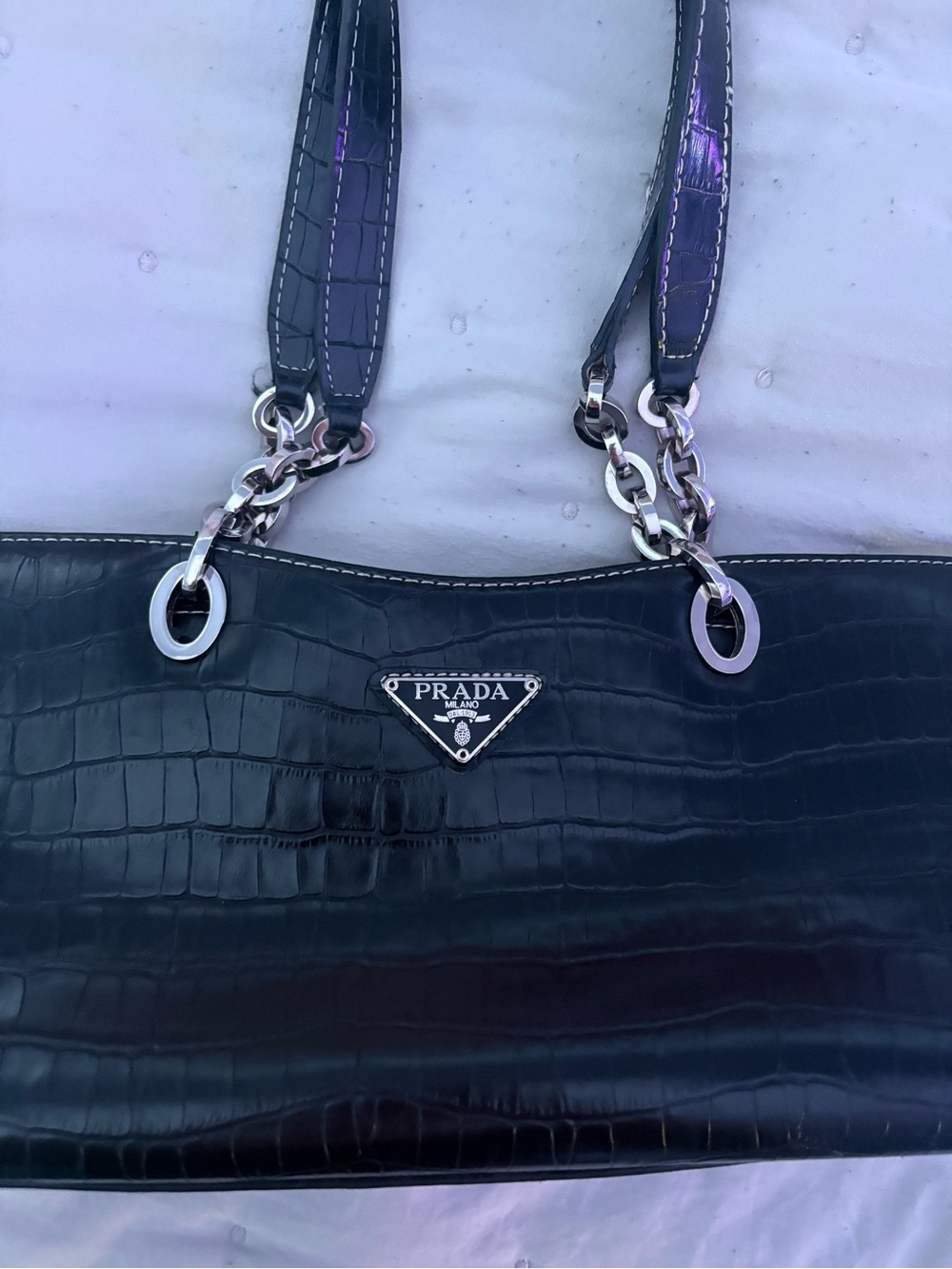Prada Black Croc-Embossed Leather Shoulder Bag - Picture 5 of 8
